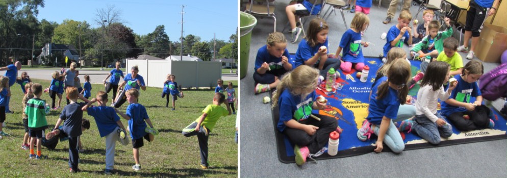 First-grade Hemmeter students stretching post-run and then eating snacks before departure.